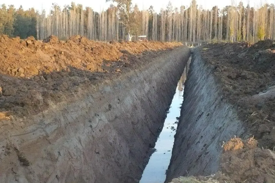 Zanja larga recién excavada con agua en el fondo y una alameda detrás